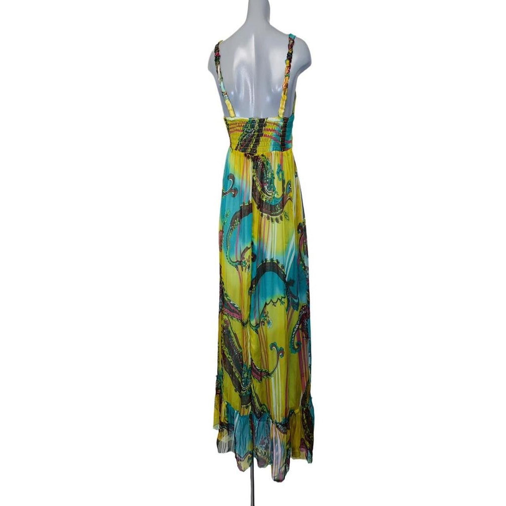 Blue and green beautiful y2k maxi dress with ruffles embellished with beads ukL