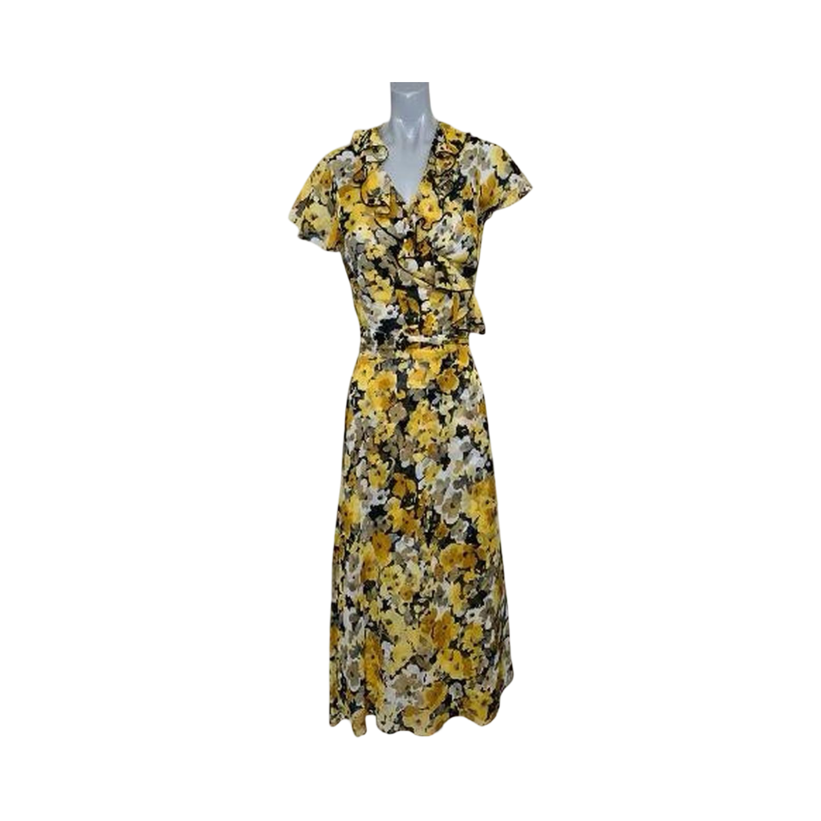 Yellow/ black floral print midi wrap dress by planet uk12