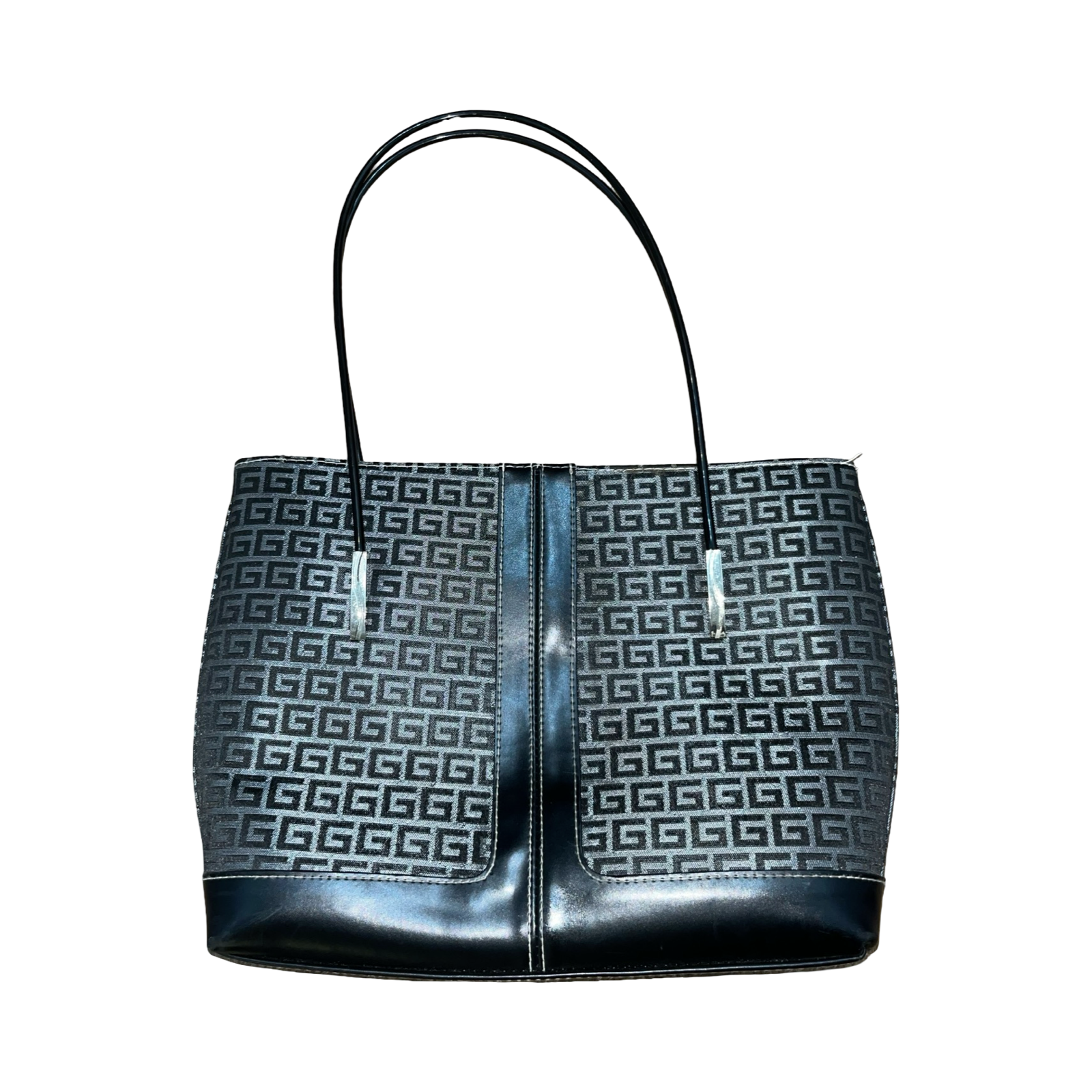 G silver and black print woman’s handbag