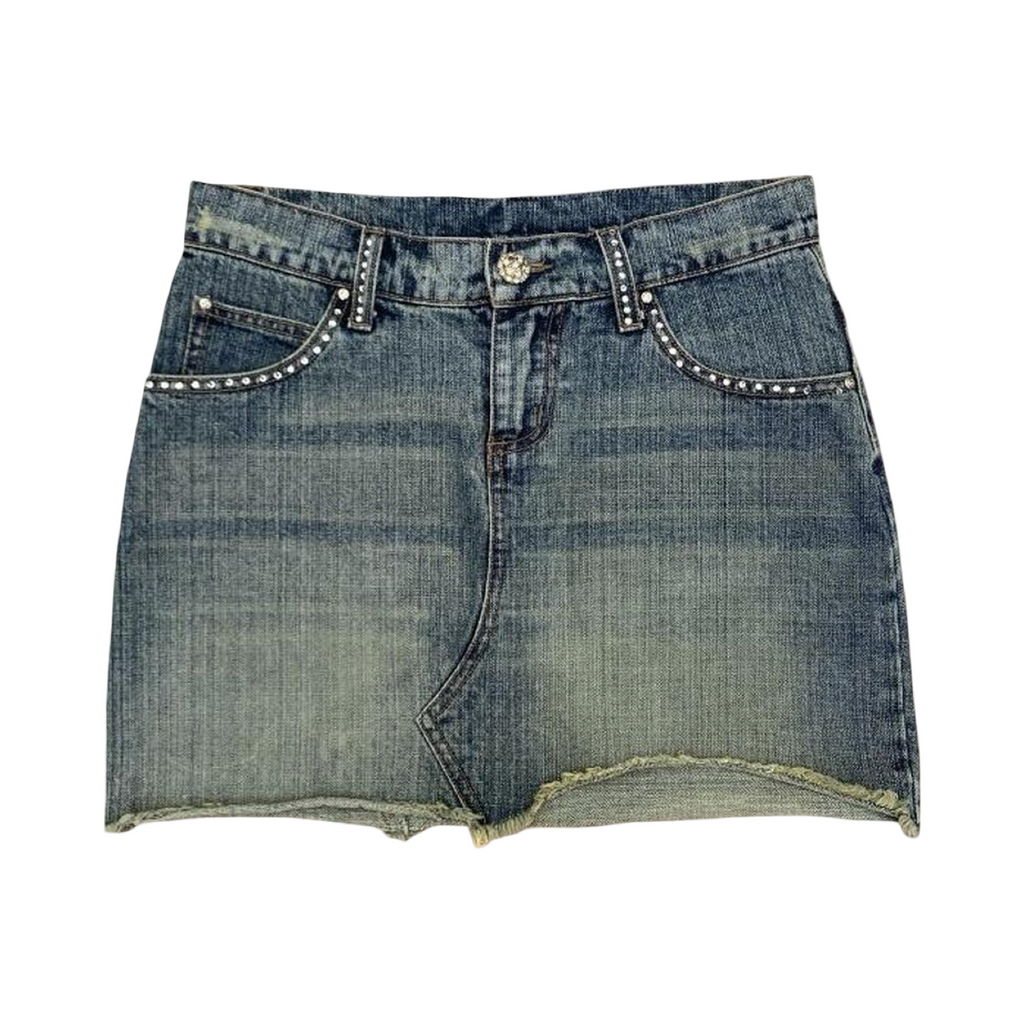 Blue diamanté distressed y2k denim mini skirt uk 10
