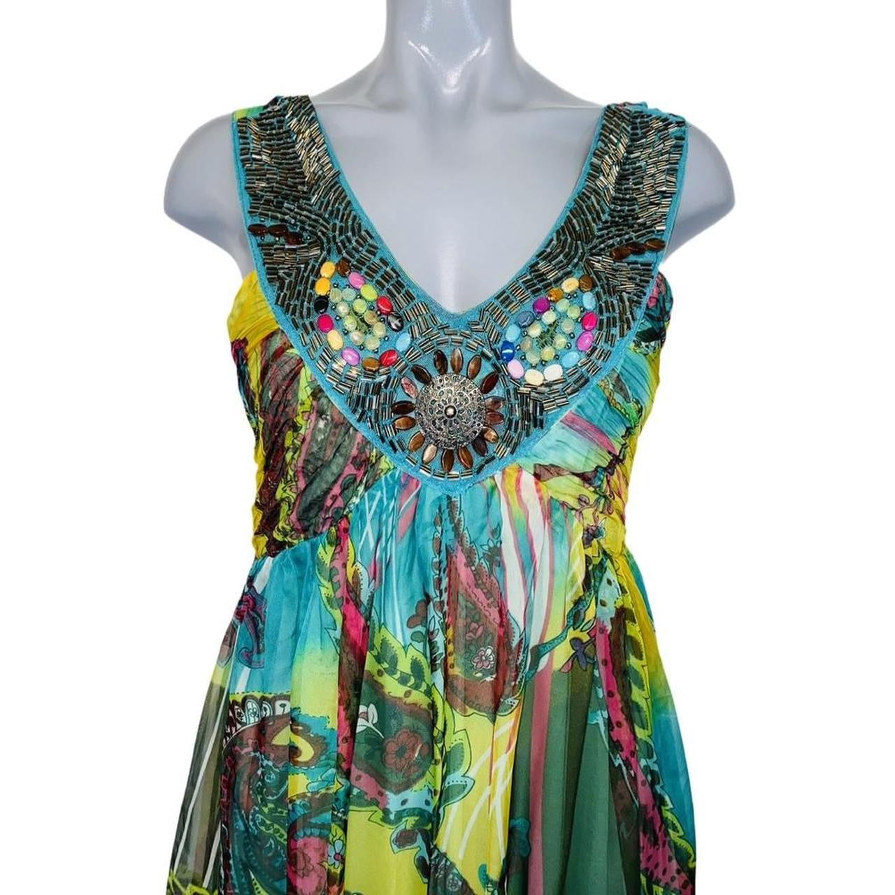 Blue and green beautiful y2k maxi dress with ruffles embellished with beads ukL