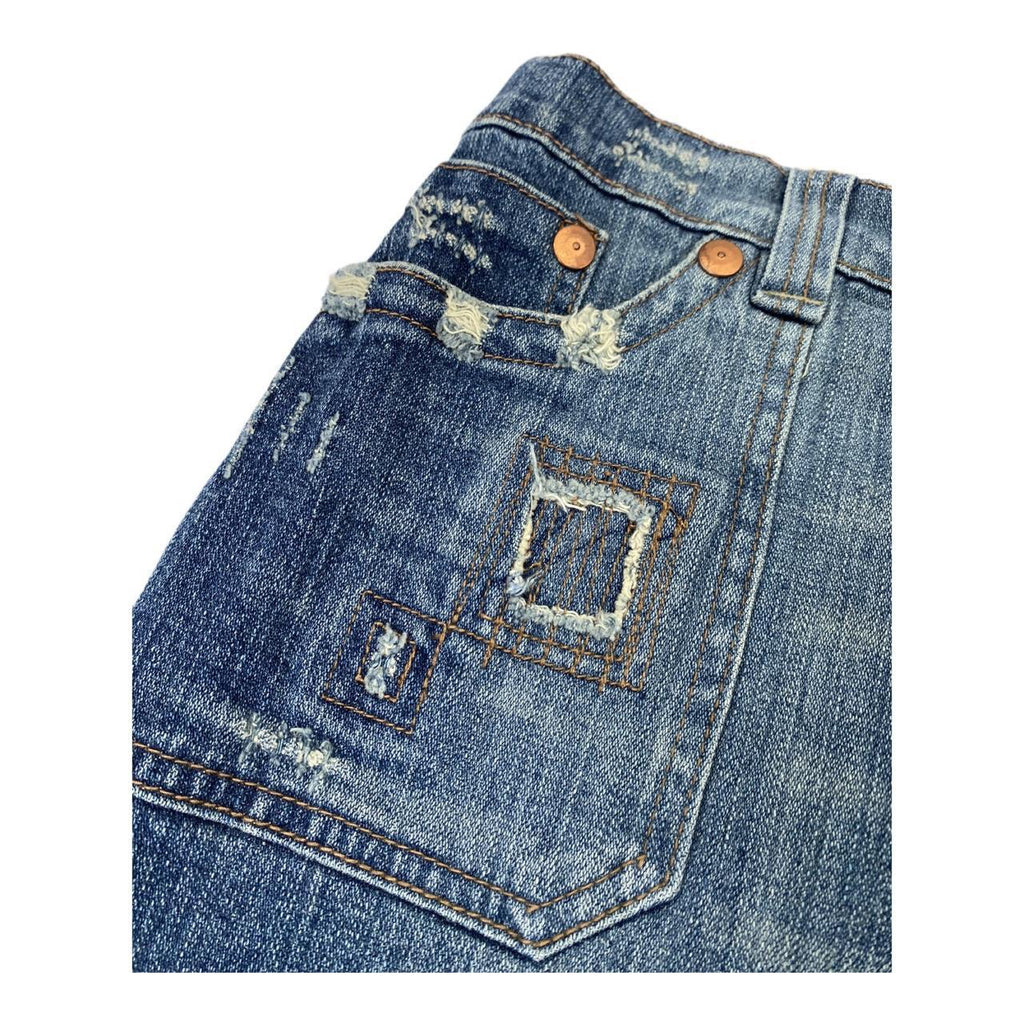 Blue y2k new look denim mini skirt with distressed patches uk14