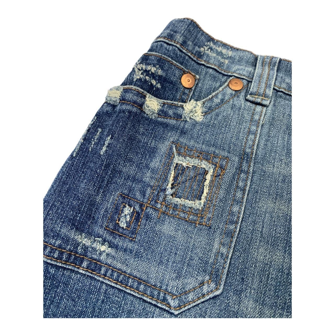Blue y2k new look denim mini skirt with distressed patches uk14