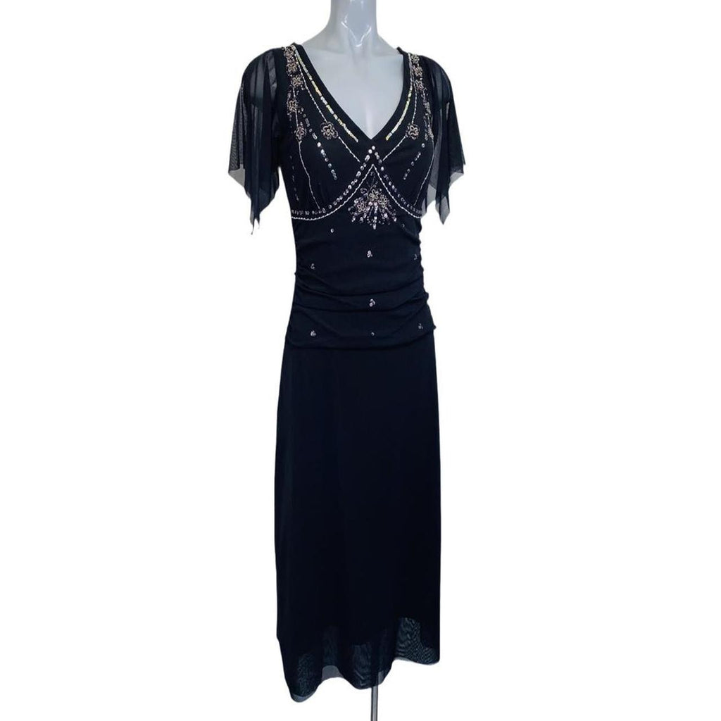 Black sheer chiffon sequin embellished Oasis evening dress uk14