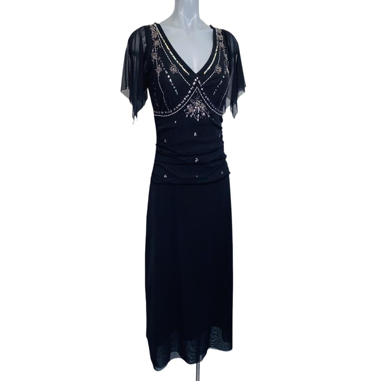 Black sheer chiffon sequin embellished Oasis evening dress uk14