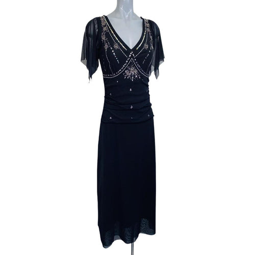 Black sheer chiffon sequin embellished Oasis evening dress uk14