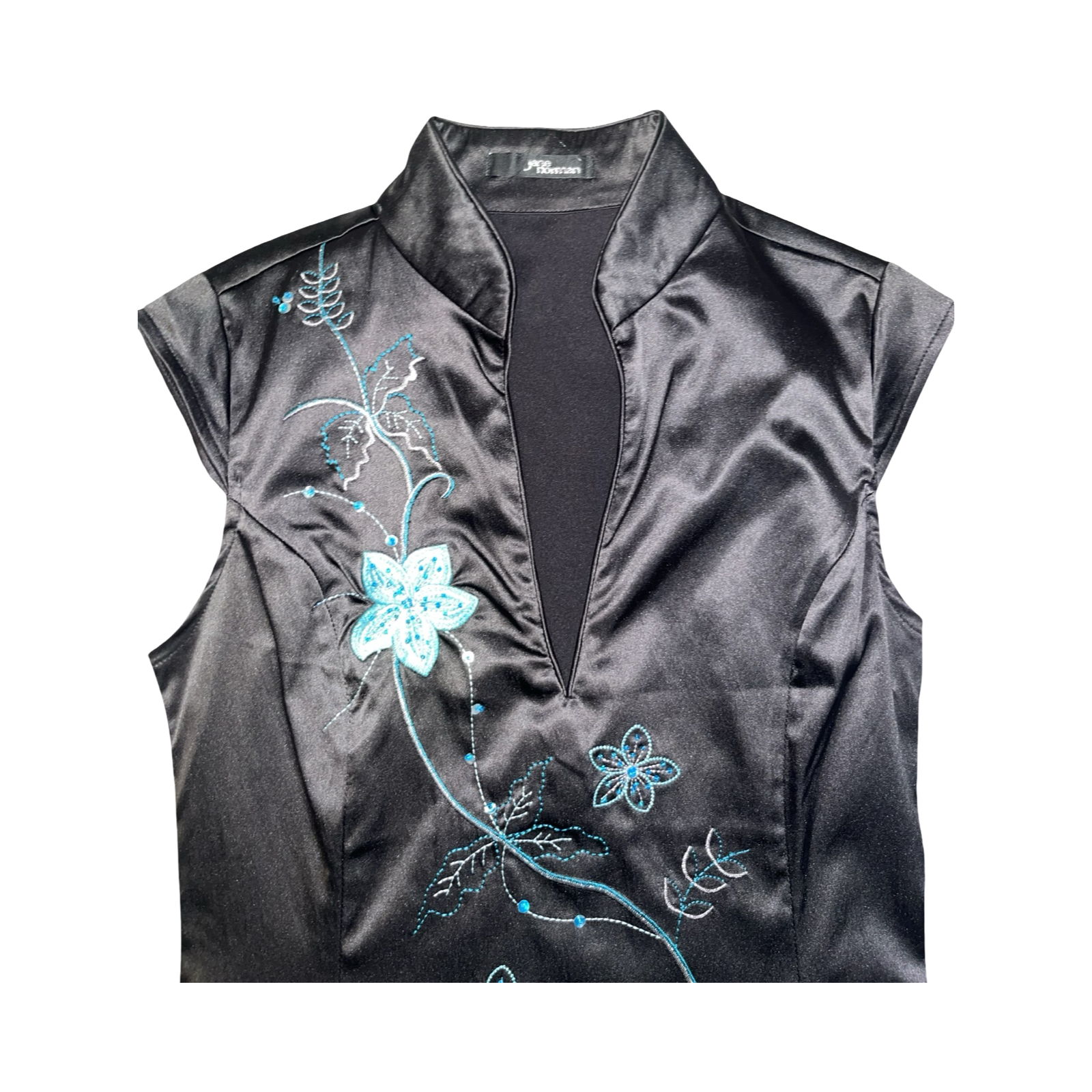 Jane Norman black satin floral 2000’s dress uk10