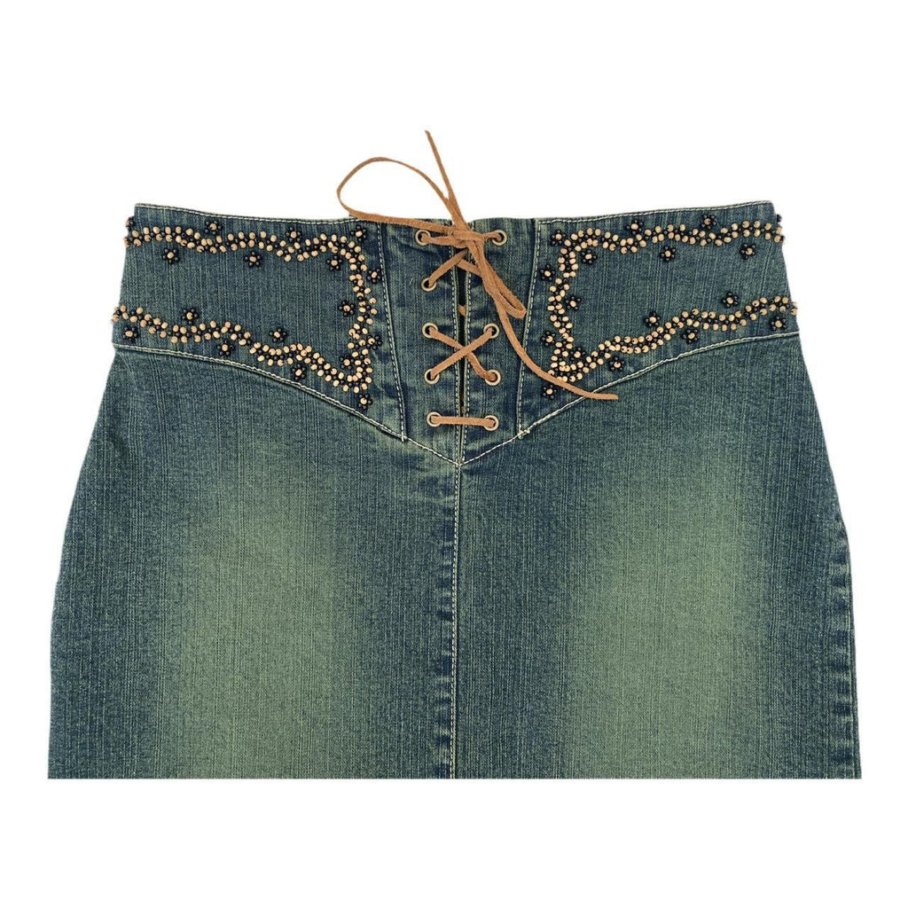 Embellished beaded distressed denim mini skirt boho ukS