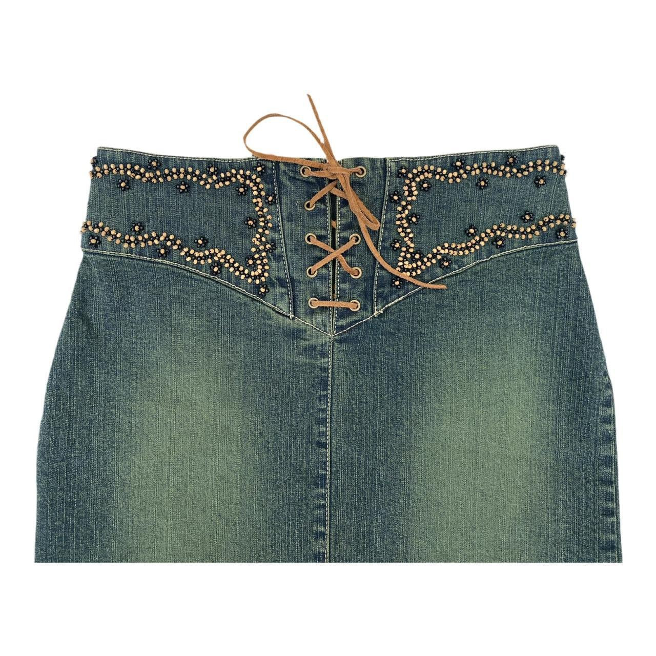 Embellished beaded distressed denim mini skirt boho ukS