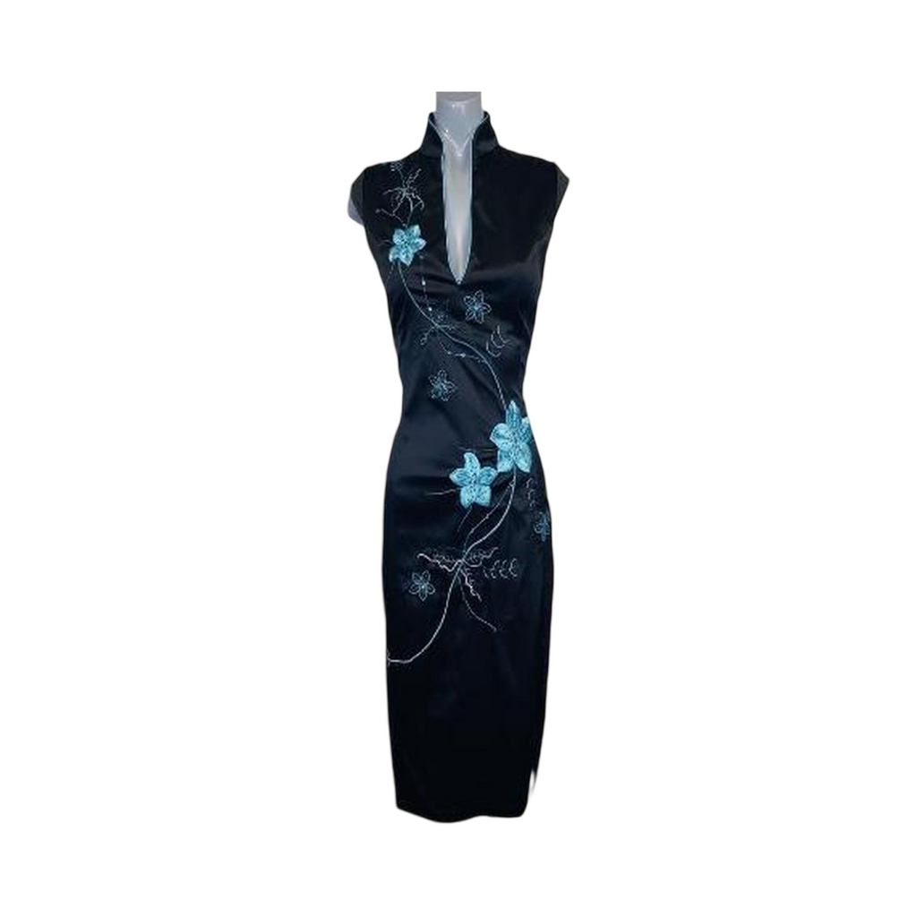 Jane Norman y2k black silk midi dress floral embroidery uk14