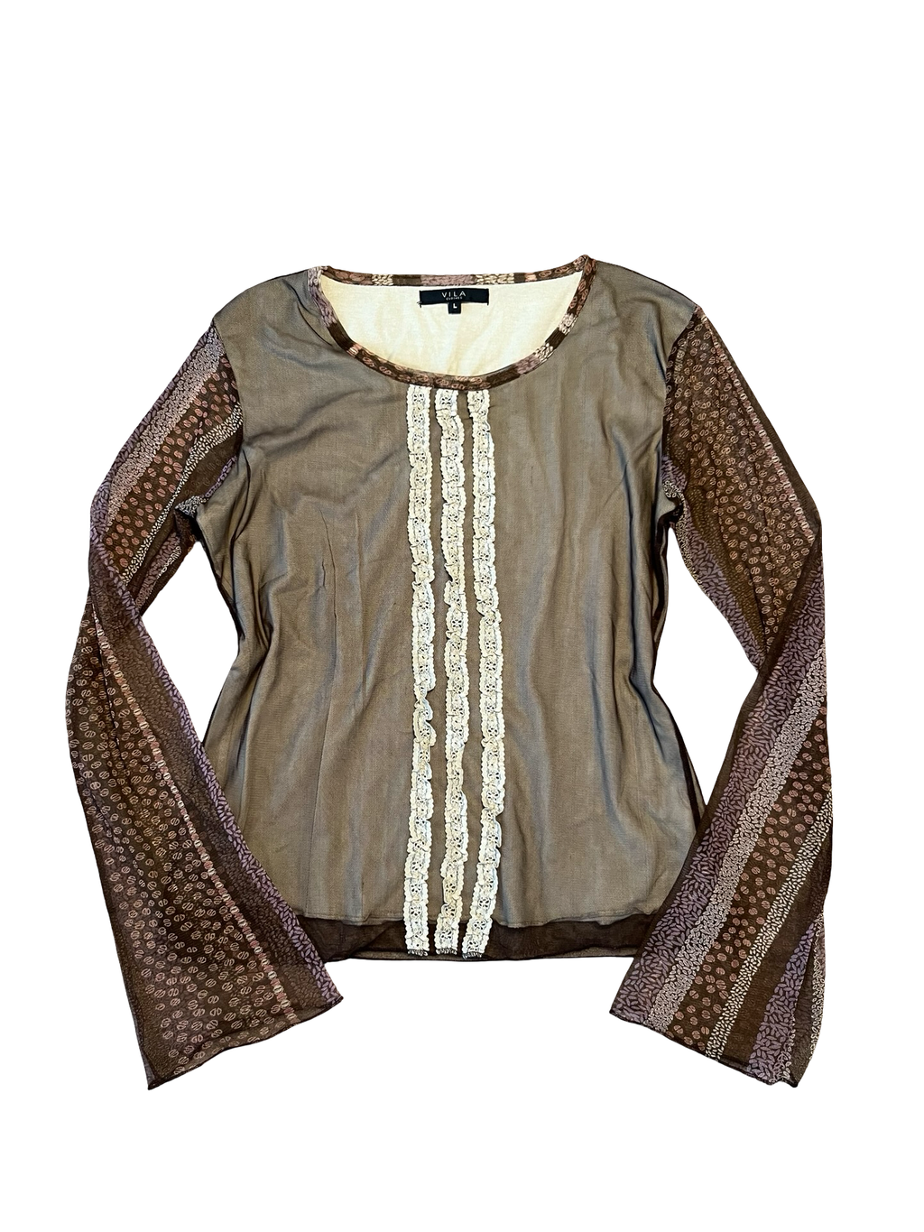 VILA Y2K Brown Mesh Lace Long Sleeve Top Size M/L | Fairy Grunge Boho