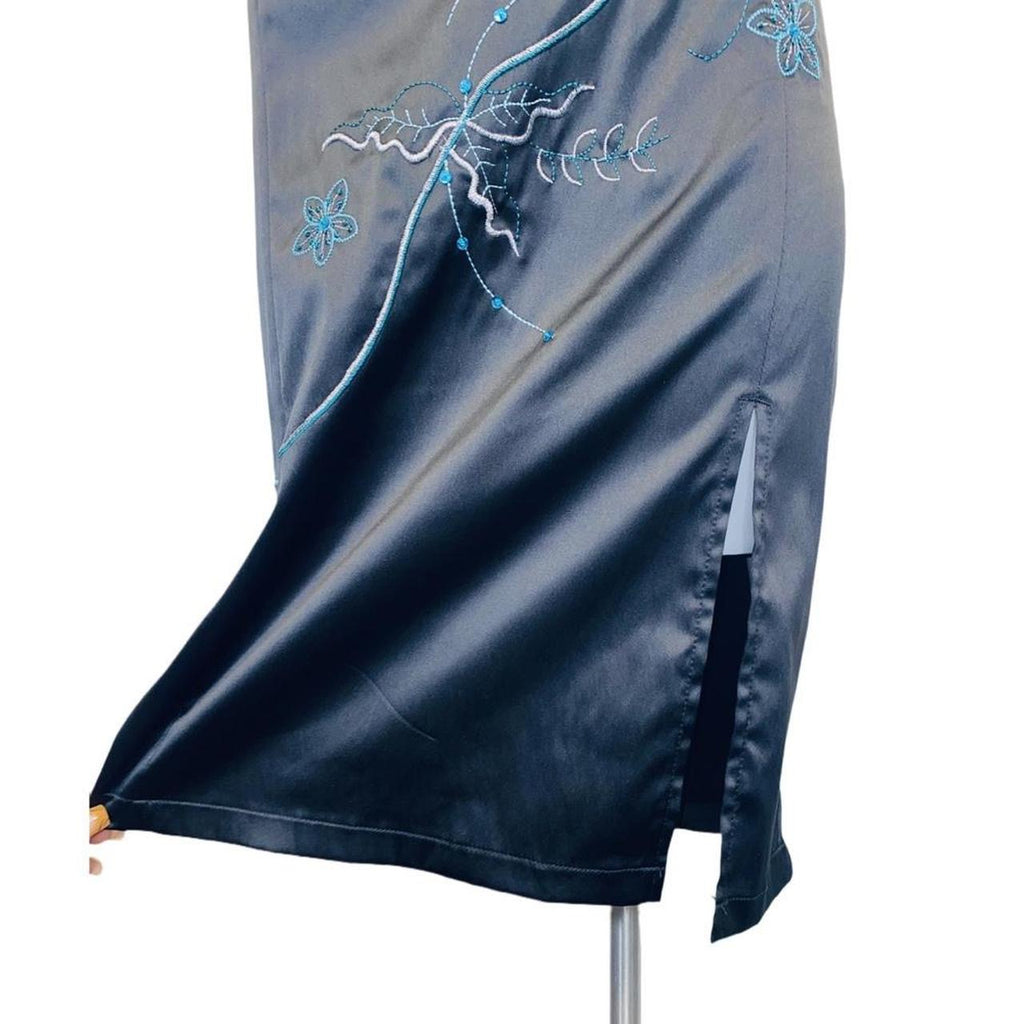 Jane Norman y2k black silk midi dress floral embroidery uk14