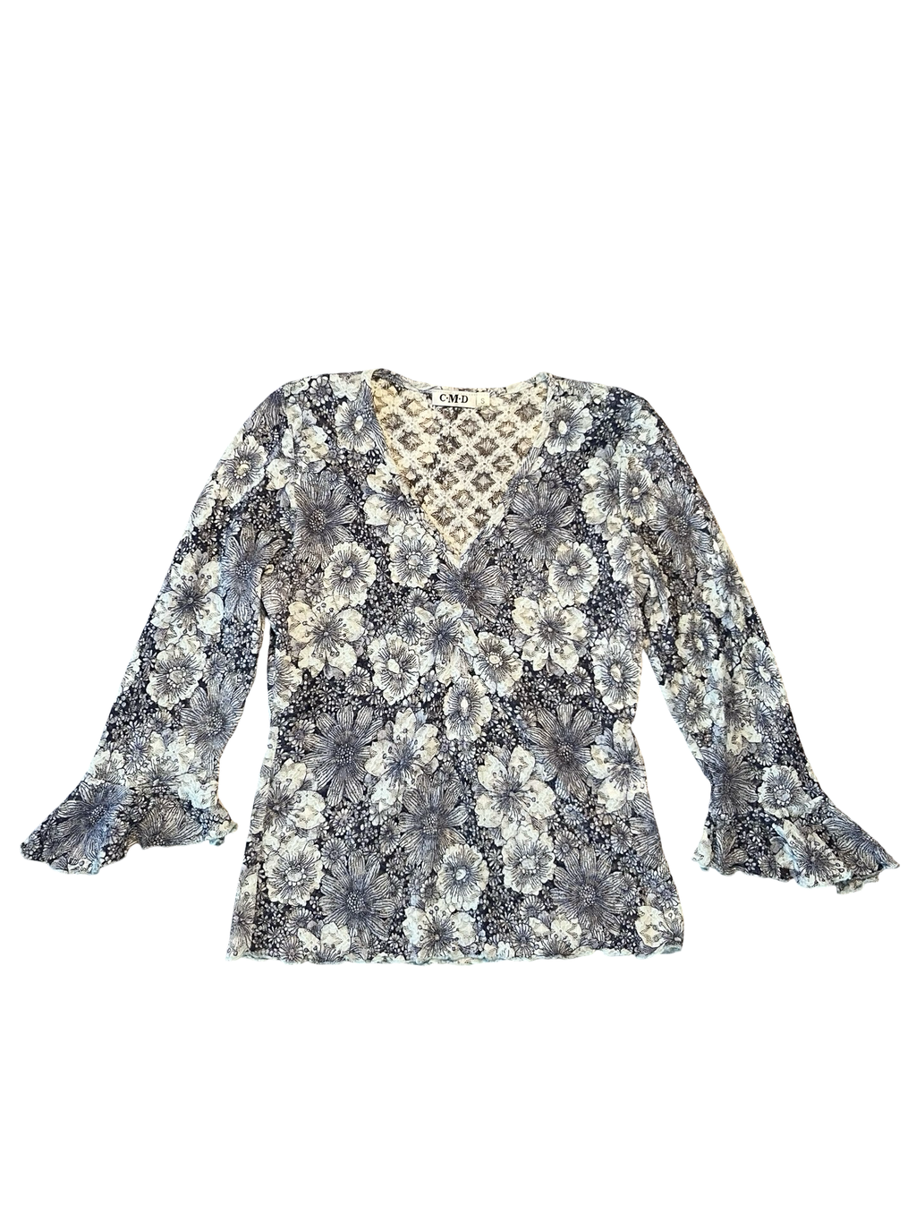 Y2K Blue Floral Mesh V-Neck Bell Sleeve Top Size S | C•M•D