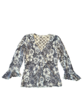 Y2K Blue Floral Mesh V-Neck Bell Sleeve Top Size S | C•M•D