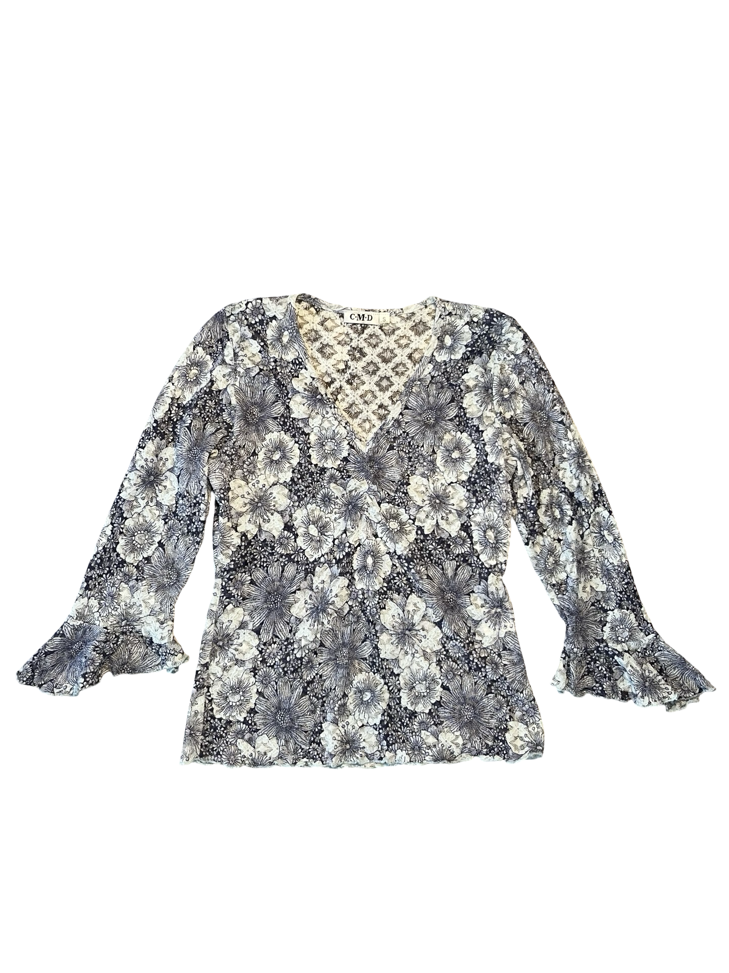 Y2K Blue Floral Mesh V-Neck Bell Sleeve Top Size S | C•M•D