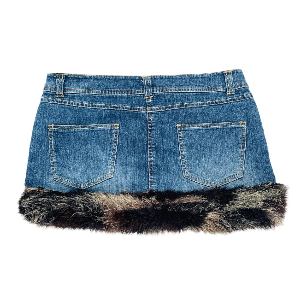Lime Mini 2000’s denim skirt with y2k faux fur trim re work uk10