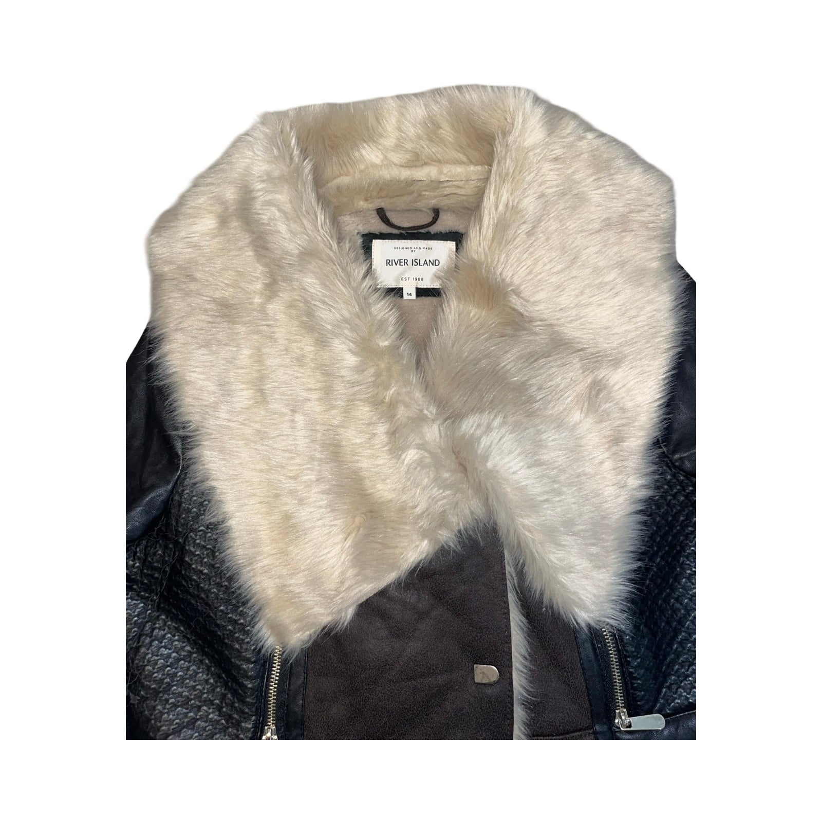 River island 2000’s Y2K leather and fur coat uk14