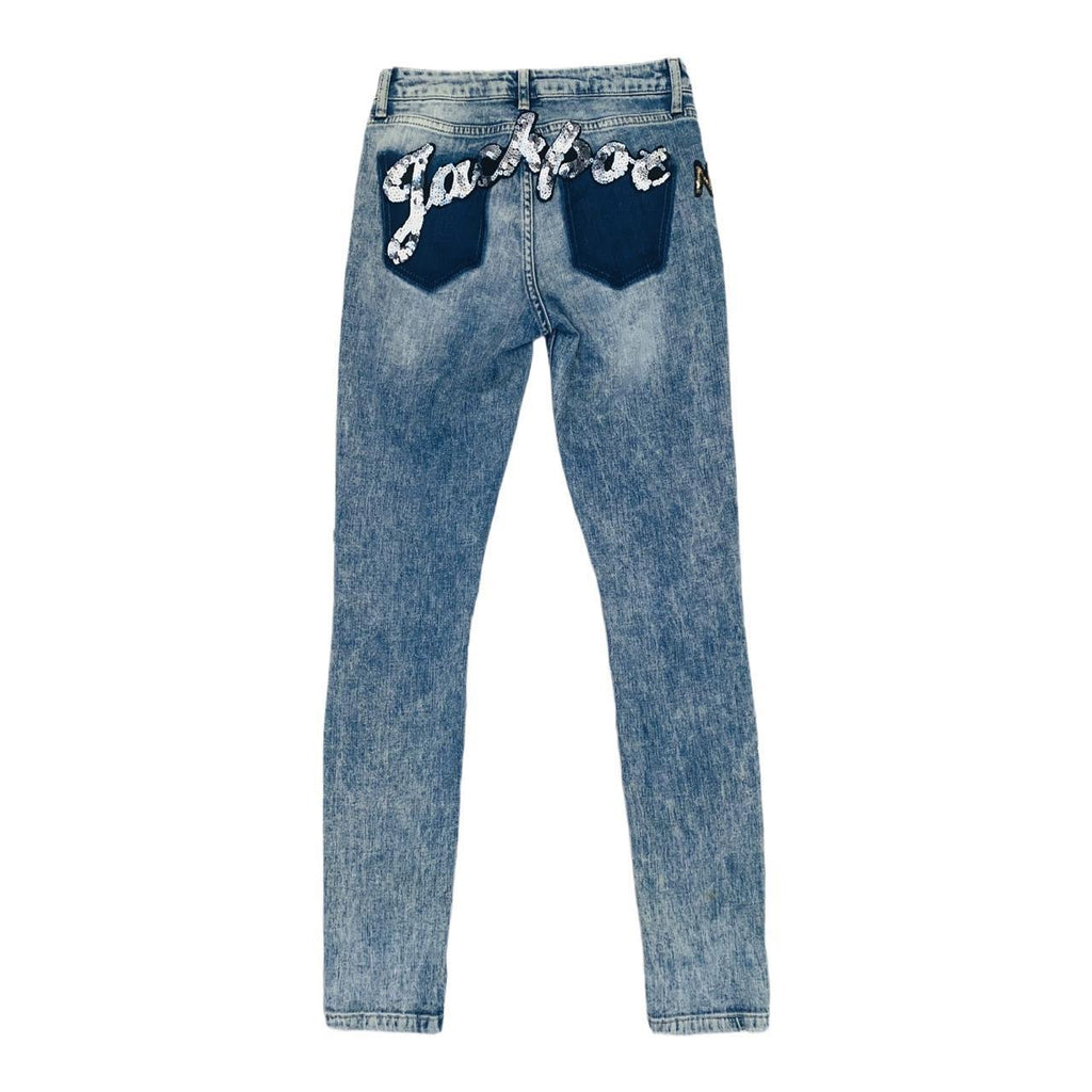 topshop Lucas blue denim jeans with sequin patches ukS