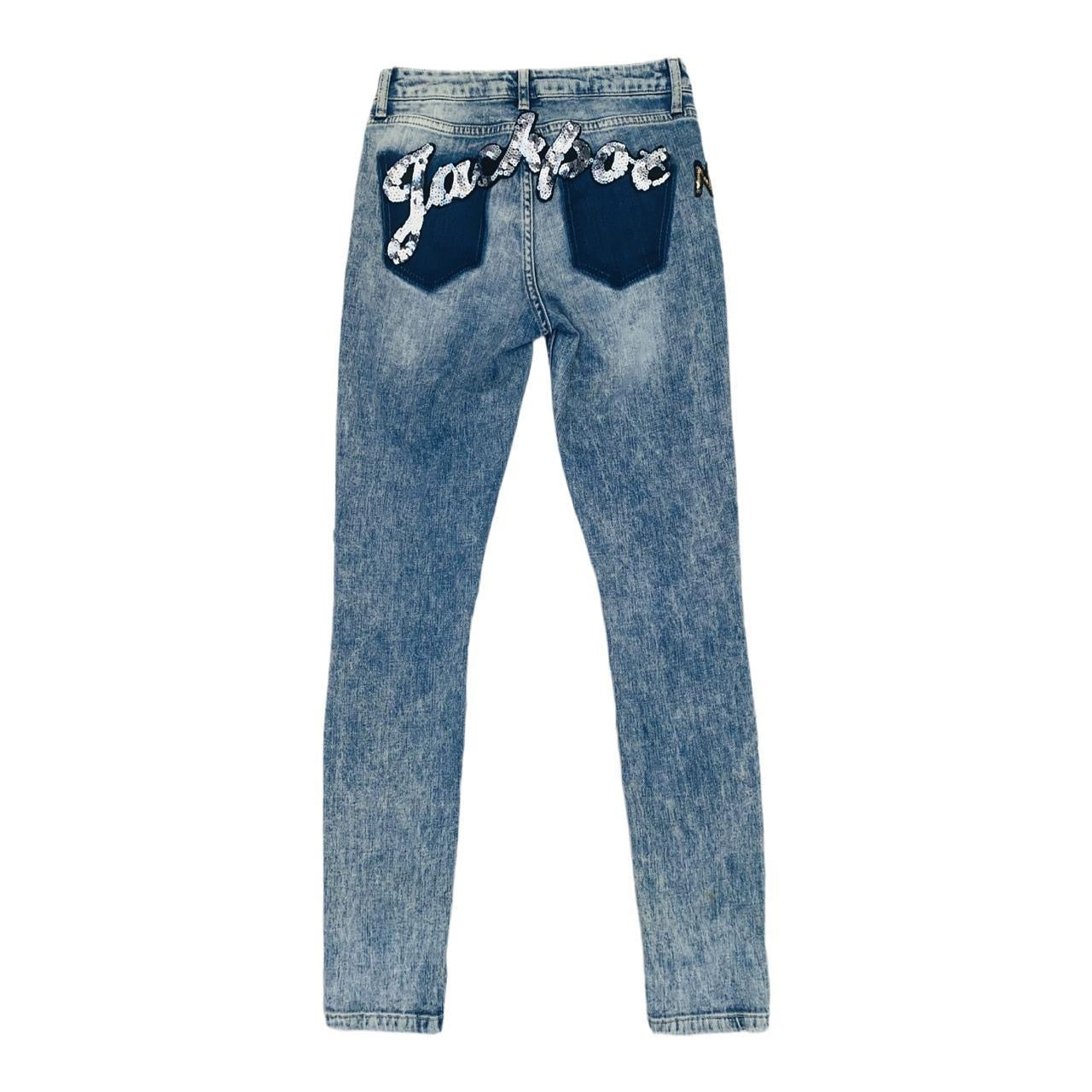 topshop Lucas blue denim jeans with sequin patches ukS
