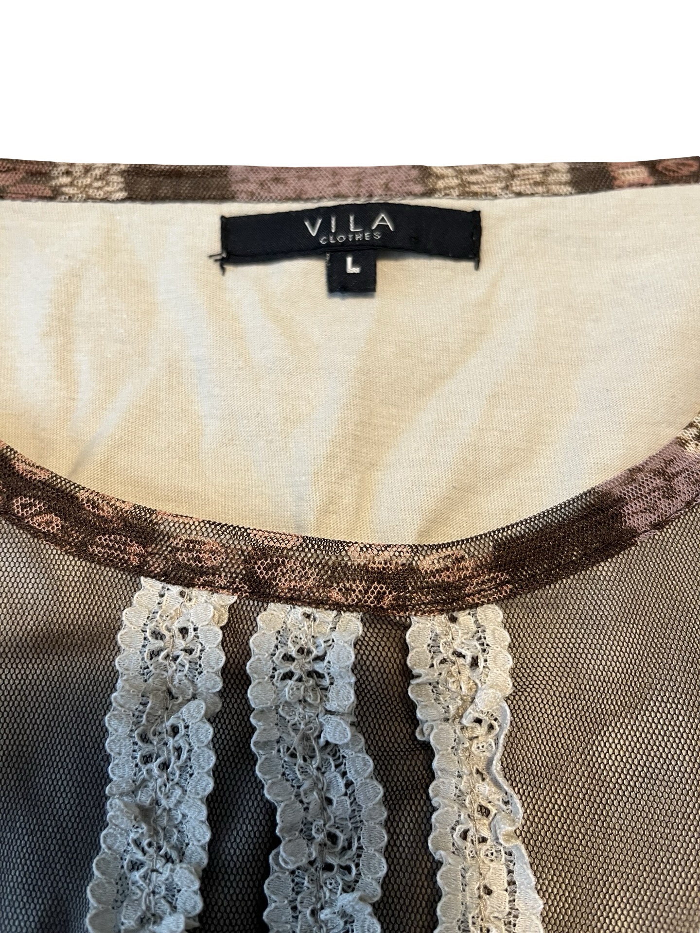 VILA Y2K Brown Mesh Lace Long Sleeve Top Size M/L | Fairy Grunge Boho