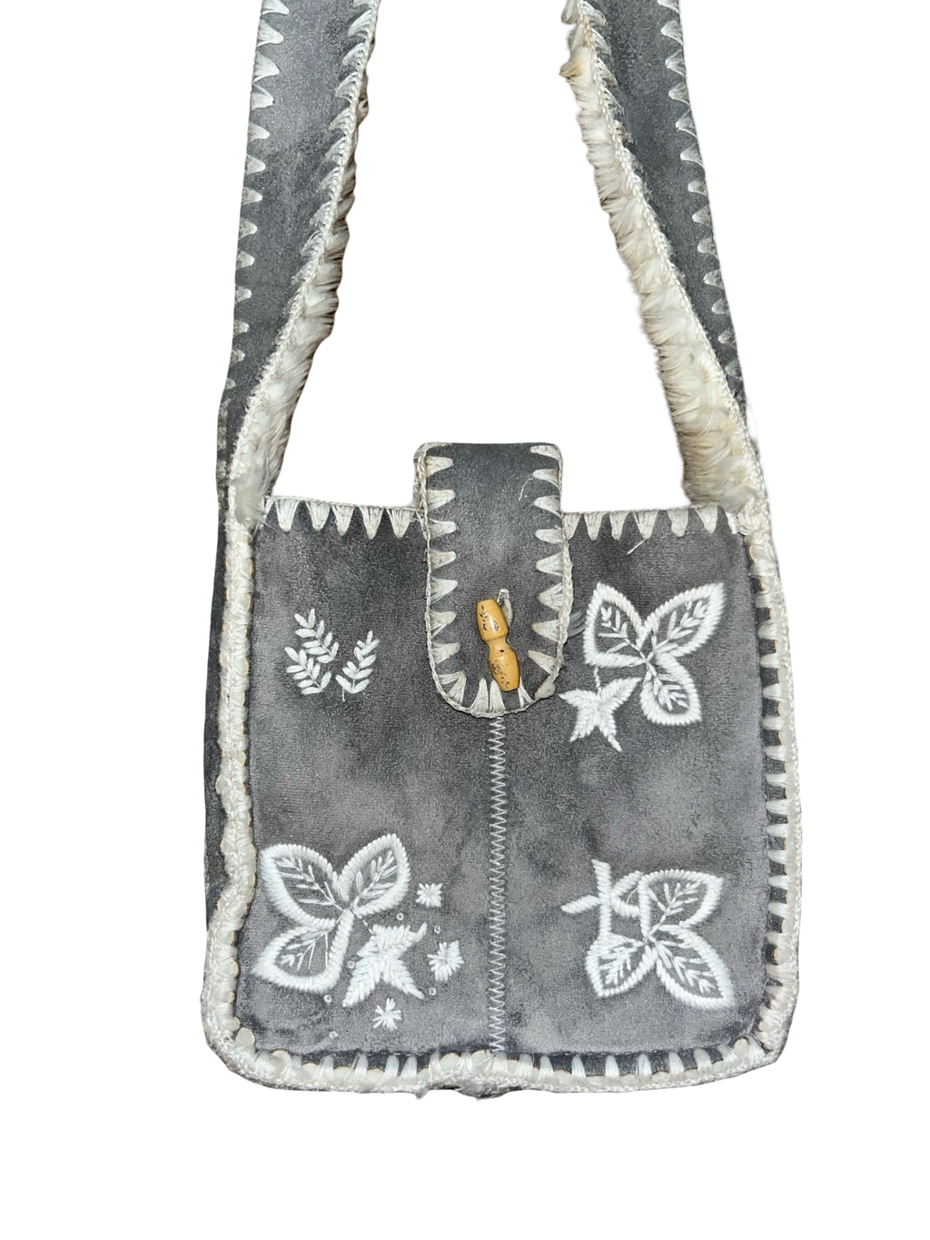 Y2K Monsoon Grey Embroidered Faux Fur Crossbody Bag