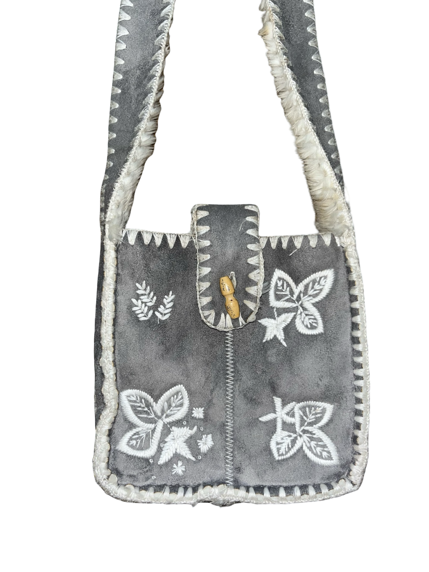Y2K Monsoon Grey Embroidered Faux Fur Crossbody Bag