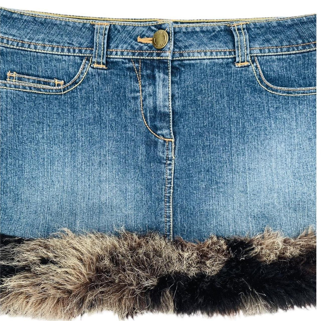 Lime Mini 2000’s denim skirt with y2k faux fur trim re work uk10