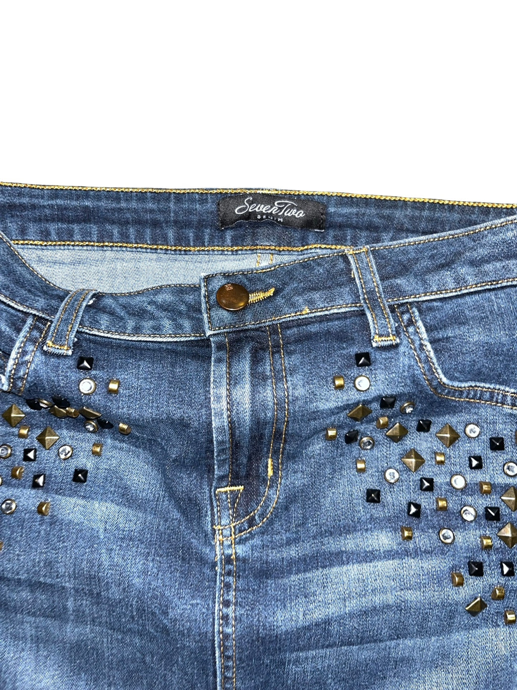 Y2K Seven Two Denim Studded Pencil Skirt Blue Wash uk8