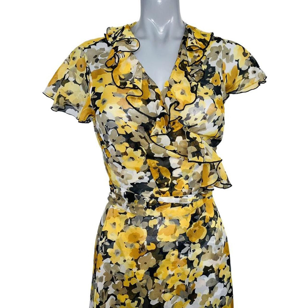 Yellow/ black floral print midi wrap dress by planet uk12