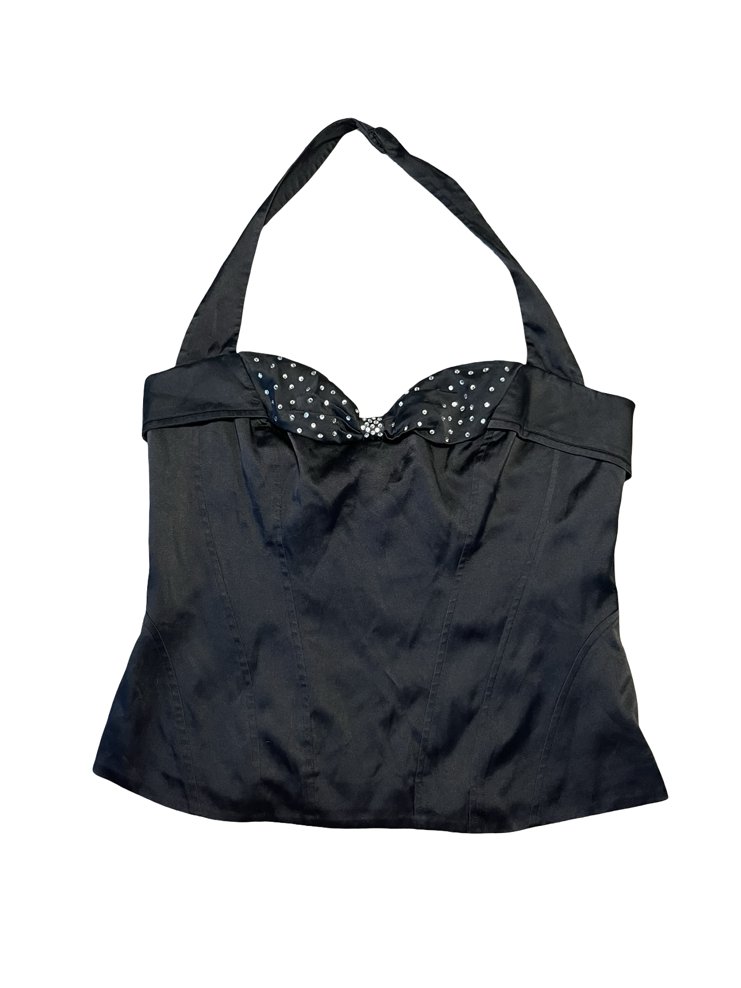 Y2K Karen Millen 100% Silk Black Halterneck Corset Top | UK 16 Diamanté Bow