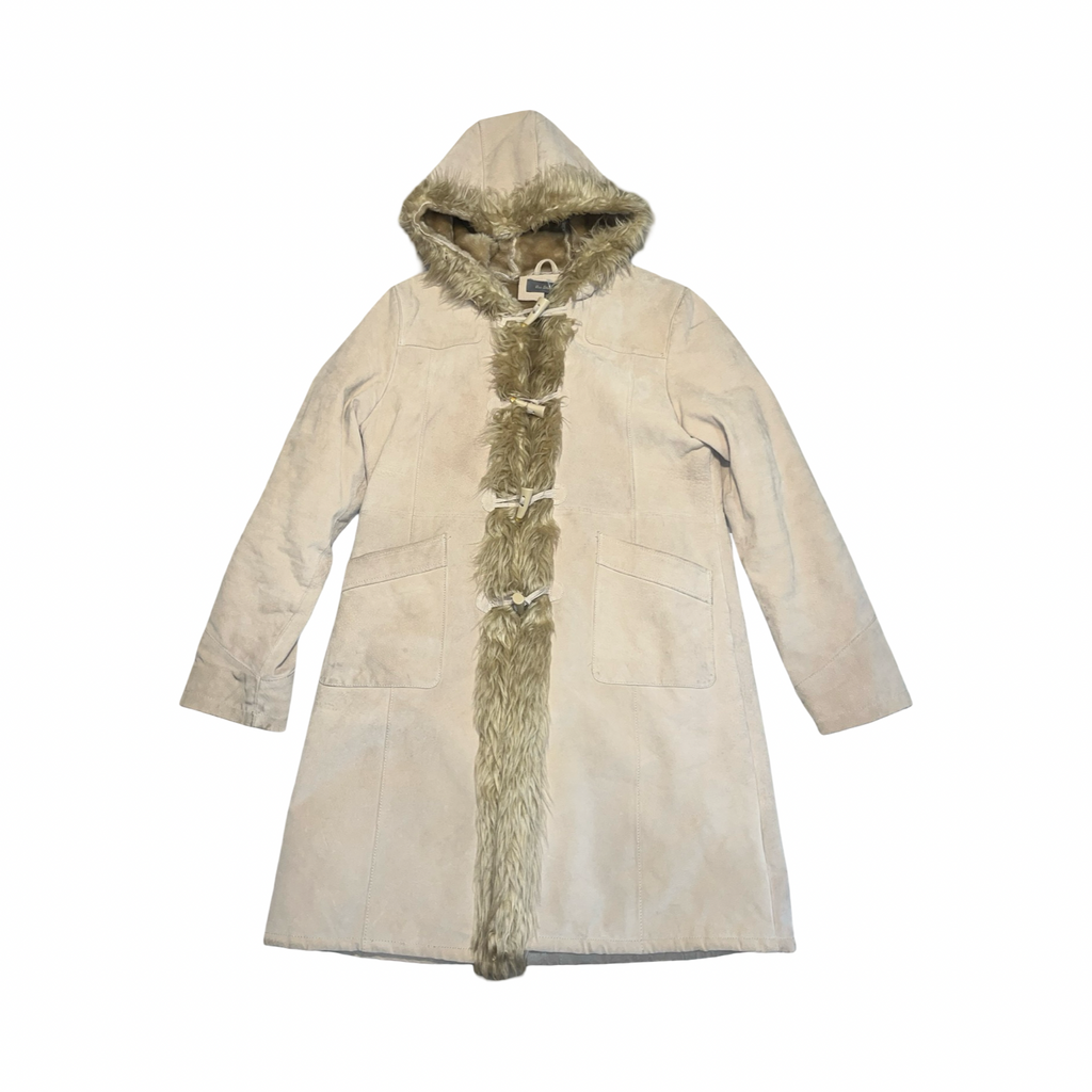 Ben Sherman beige suede and fur lined coat uk16