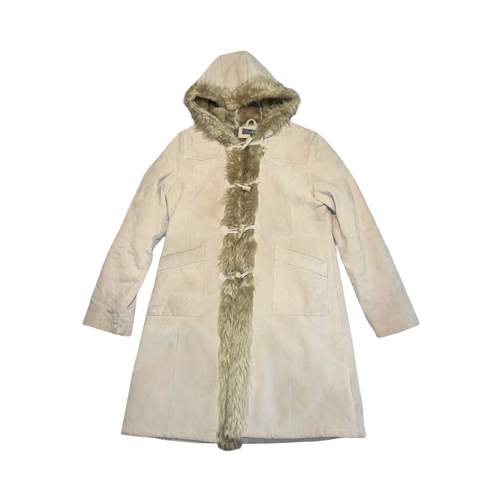 Ben Sherman beige suede and fur lined coat uk16