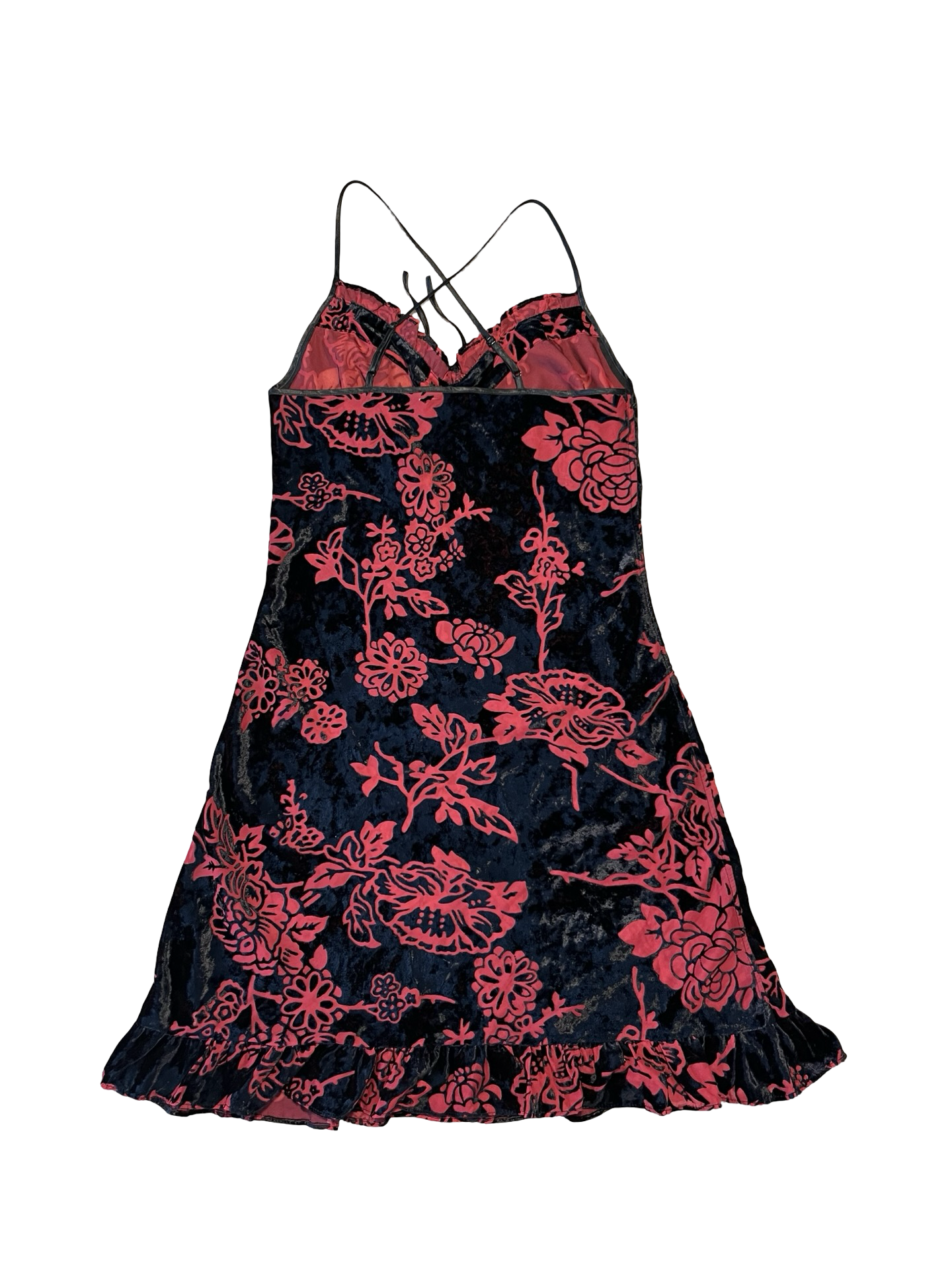 Y2K Sorbet Black Red Velvet Floral Slip Dress UK 10 | Goth Grunge