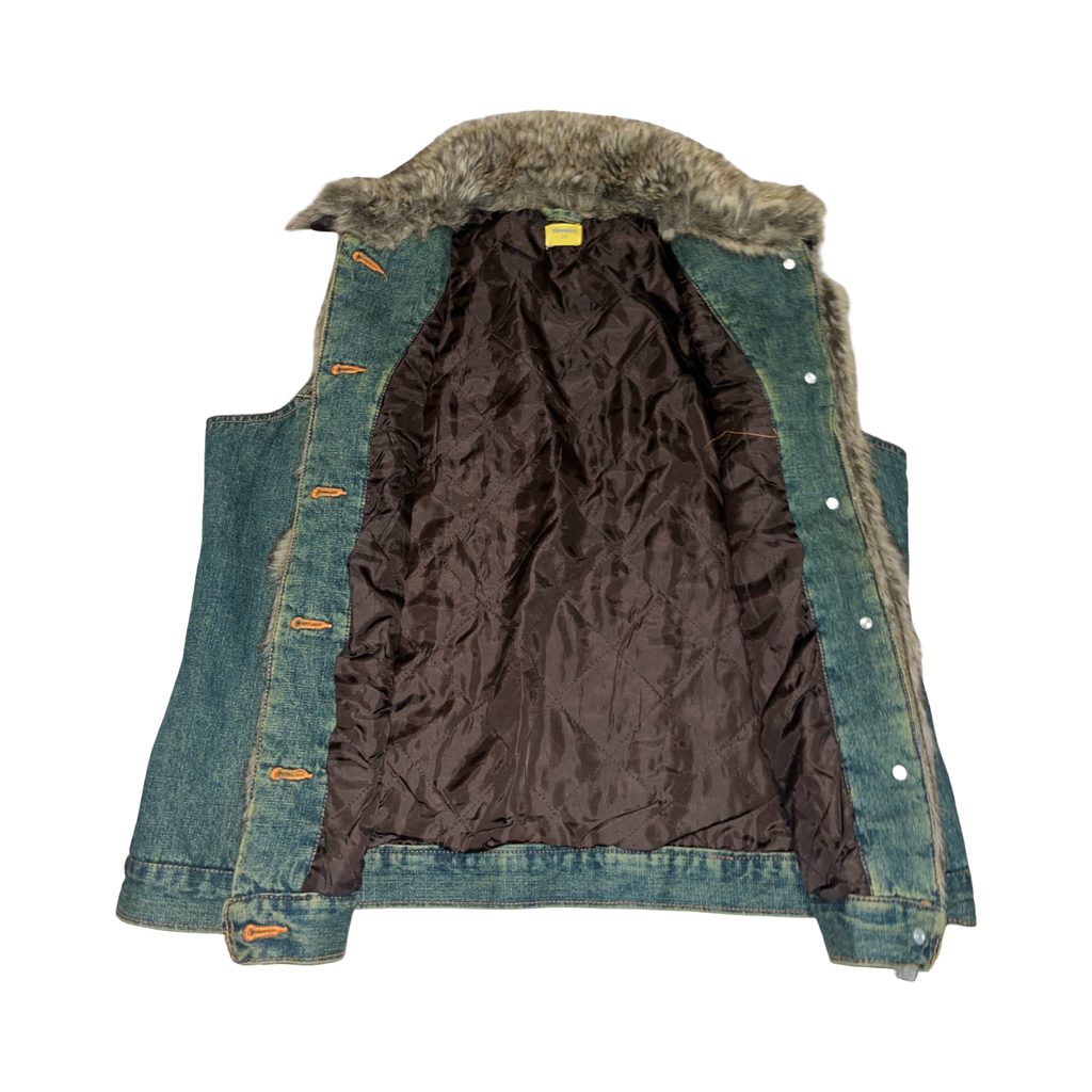 2000’s Y2K denim and fur lined waist coat uk 14