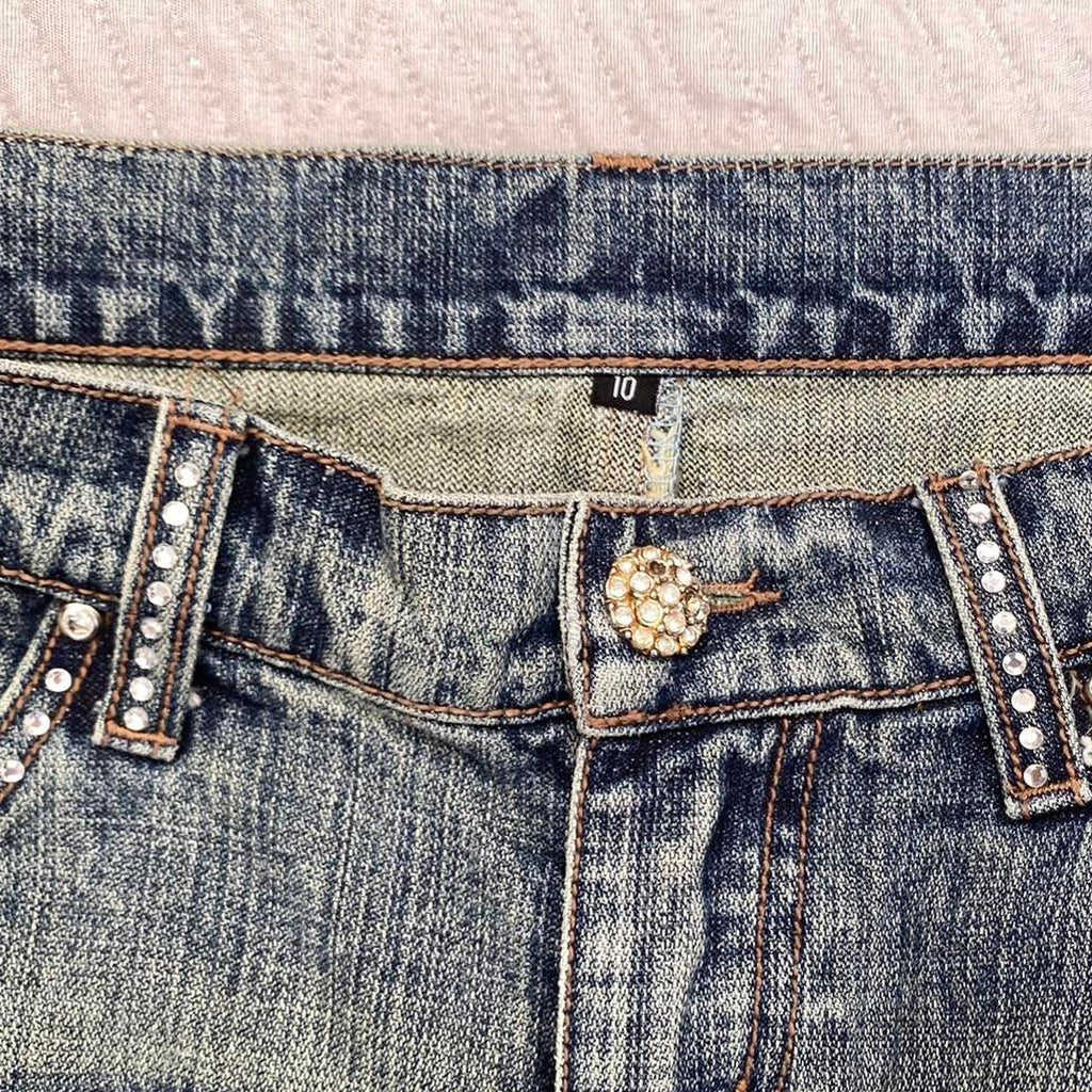 Blue diamanté distressed y2k denim mini skirt uk 10