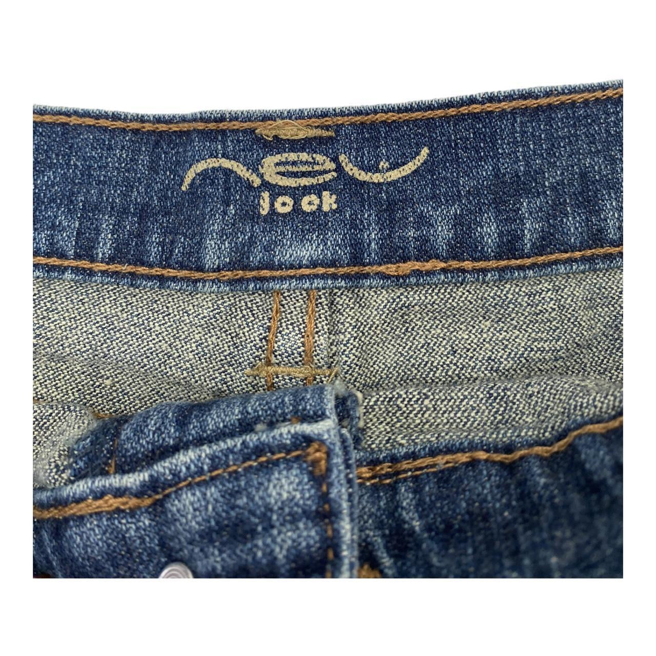 Blue y2k new look denim mini skirt with distressed patches uk14